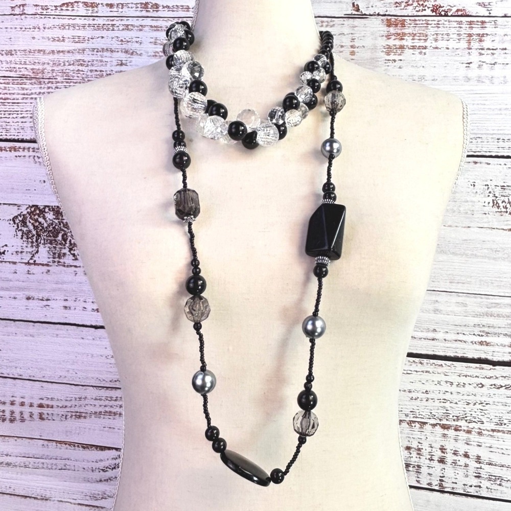 Vintage Beaded Necklace Set Black Clear Grey Acrylic Glass Goth Monochrome Bold‎